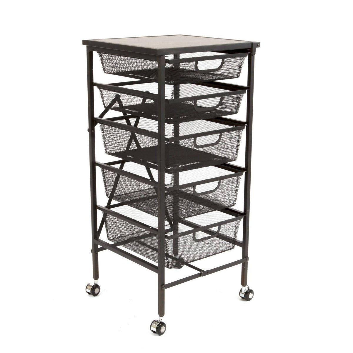 Origami Wheeled Folding Steel 5 Drawer Mesh Storage Kitchen Cart Wood Top Black