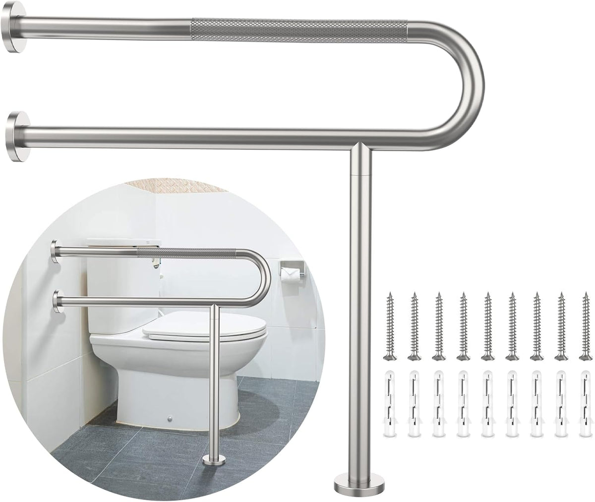Toilet Support Rail 31.3X 31.5 Inch, Munzong Anti-Slip Satin Brushed Nickel Handicap Grab Bar for Bathroom, Stainless Steel Knurled Safety handrails with Leg for Elderly Disabled Pregnant-1.25??Tube